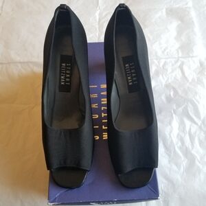 Stuart Weitzman Stretch and Leather Square Peep Toe Heels, Black,  9.5 M